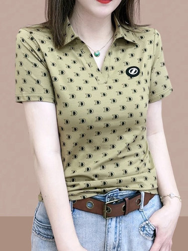polo衫翻领短袖t恤女2025夏季翻领大尺码胖MM遮肉显瘦纯棉印花上
