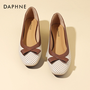 女2025新款 不累脚小跟鞋 夏季 子法式 镂空真皮妈妈鞋 达芙妮浅口单鞋