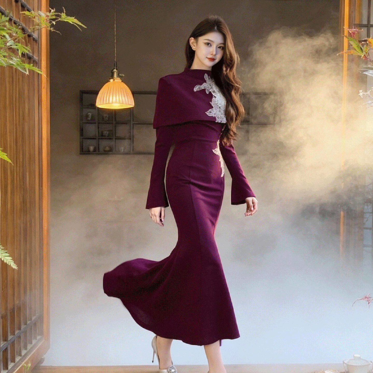 紫色主持人礼服女高端轻奢修身显瘦长袖内搭连衣裙包臀鱼尾裙长裙