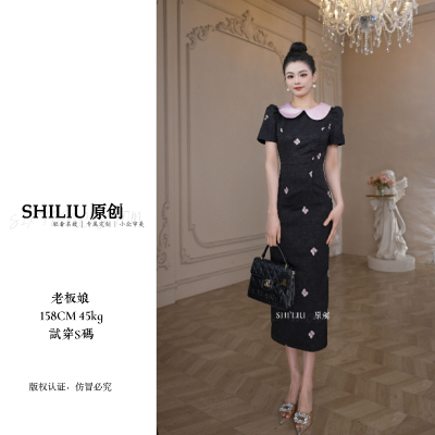 高级感连衣裙女2025夏季新款轻奢名媛修身显瘦黑色中长款包臀裙