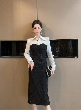 21527条纹气质连衣裙春季新款轻奢名媛高级感亮片晚礼服中裙子