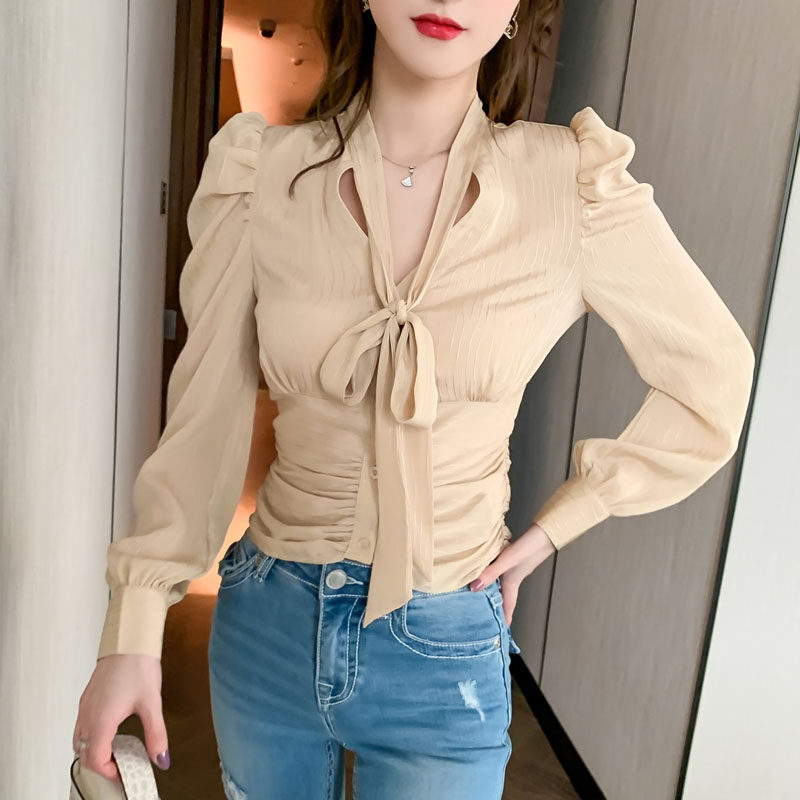 设计感小众衬衫女2026夏季长袖百搭显瘦打底衫蝴蝶结雪纺上衣外穿