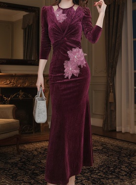 秋冬优雅长款修身提花气质设计感连衣裙28013