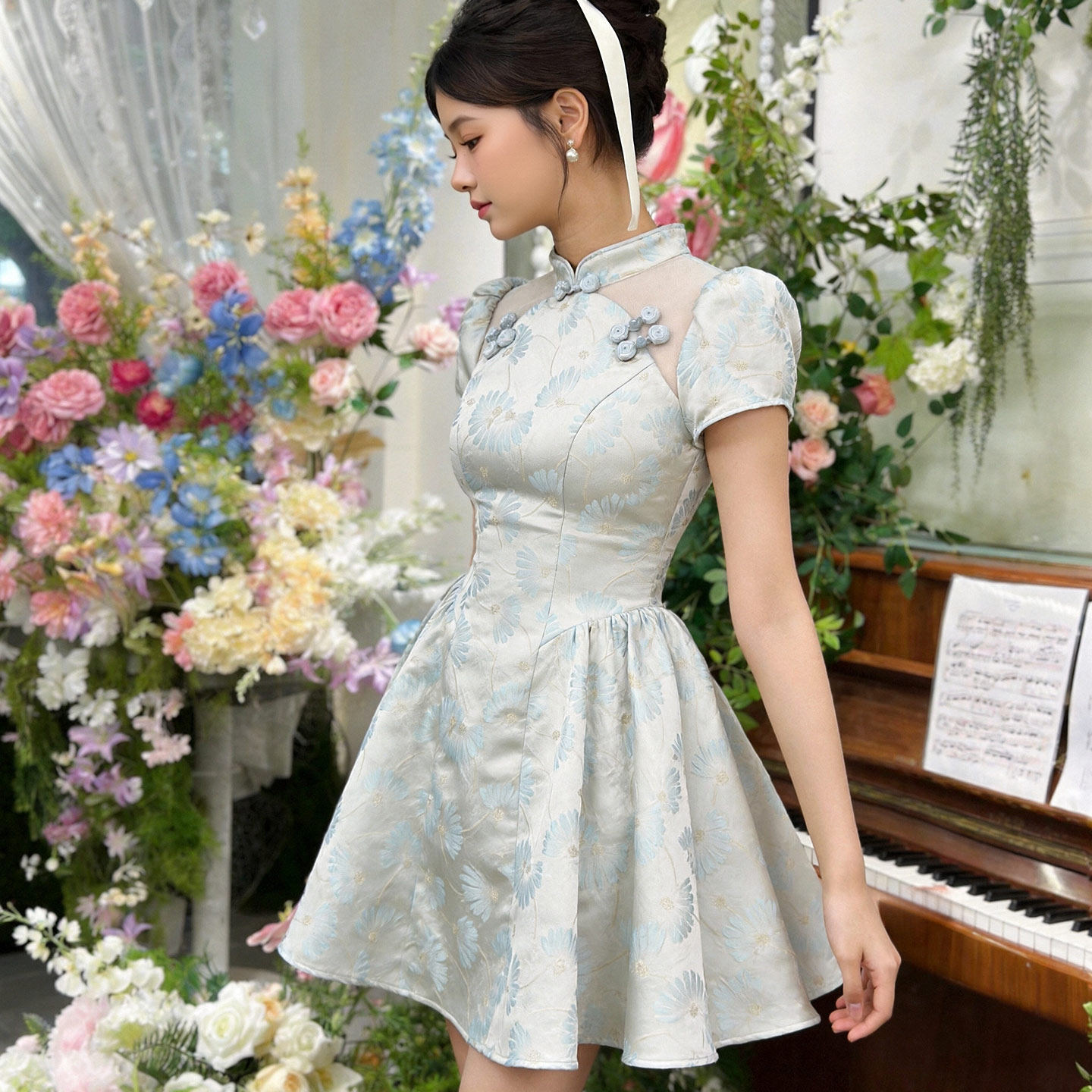 法式复古旗袍裙短裙a字裙礼服