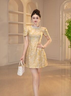 时尚泡泡袖名媛优雅显瘦气质小个子收腰连衣裙45146