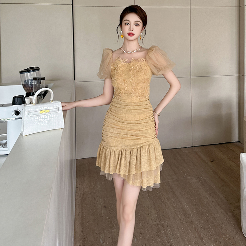 网纱短袖荷叶边香槟色连衣裙2025夏季法式轻奢气质小个子短款裙子