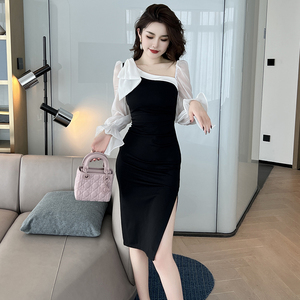 春季连衣裙2026新款女长袖气质黑色礼服赫本风喇叭袖修身包臀裙子
