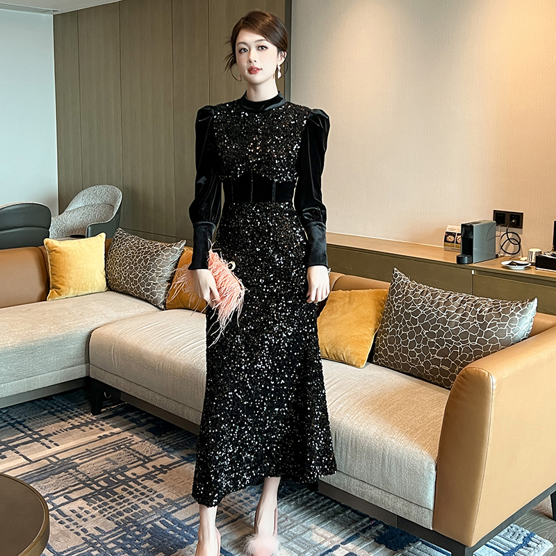黑色年会礼服女冬季法式气质高级感赫本风亮片丝绒鱼尾裙长裙内搭