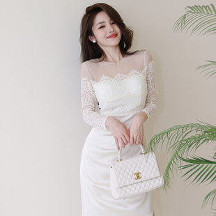 2024秋冬设计感白色连衣裙女新款长袖修身蕾丝拼接缎面不规则长裙
