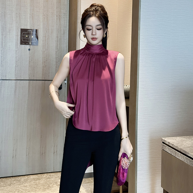 2025新款今年流行爆款法式复古飘带无袖衬衫女装气质挂脖高端上衣