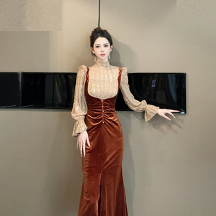 20986宴会礼服女秋冬季高级感法式气质修身显瘦丝绒连衣裙鱼尾裙