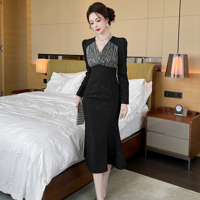 秋冬鱼尾连衣裙女长款法式气质