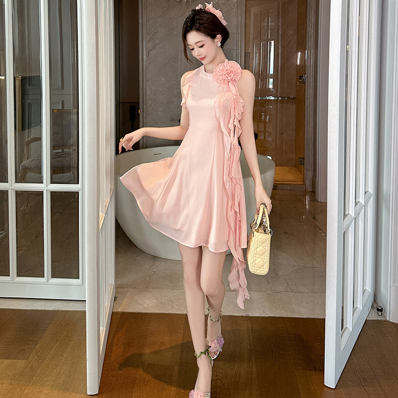 小个子连衣裙女装夏季新款高级感仙气小众生日小礼服无袖粉色短裙