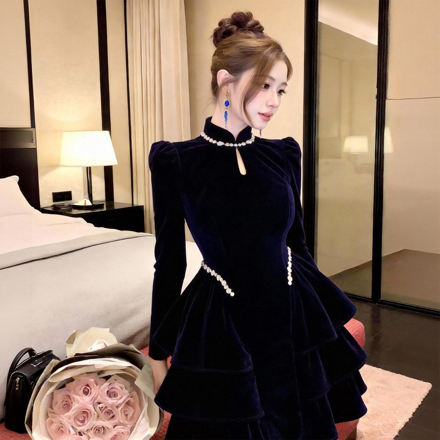 紫色丝绒连衣裙春秋小个子礼服高端轻奢高级感长袖收腰蛋糕裙短裙