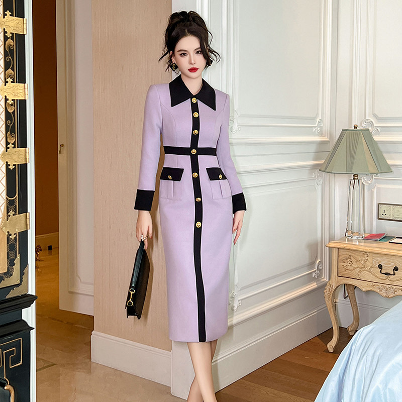 高级感加厚毛呢连衣裙春季女装法式轻熟小香风衬衫领气质修身裙子