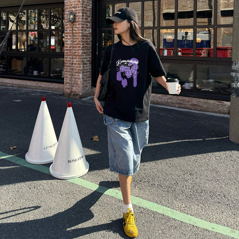 黑色大码宽松短袖t恤女2025新款设计感小众美式穿搭半袖打底衫夏