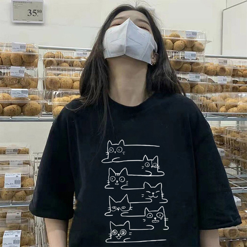 卡通圆领短袖t恤女2026新款夏季时尚洋气宽松版黑色纯棉oversize