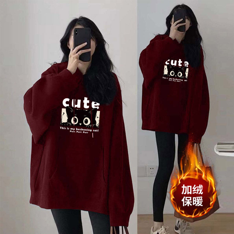 酒红色连帽卫衣女秋冬2025新款