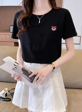 cec黑色短袖t恤女夏季2025新款简约草莓熊全棉宽松内搭半袖上衣潮