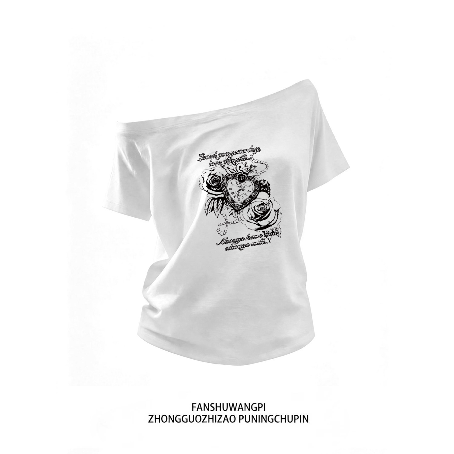 thumbnail for American Slanted Shoulder T-Shirt Women's 2026 Summer Letter Print Oversize Loose Short Sleeve Hot Girl Off-the-Shoulder Top Trend