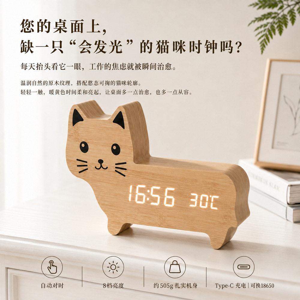天时威自动对时招财猫实木镇宅钟