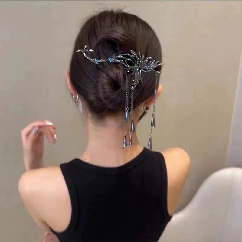 高级感蝴蝶流苏发夹女气质网红步摇水钻珍珠扭扭夹后脑勺盘发夹子