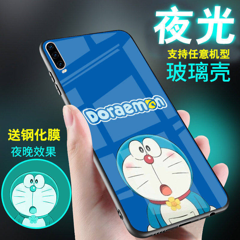 适用ins小米10/9红米k30pro手机壳note8玻璃mix2s哆啦A梦6pro夜光叮当猫max3情侣机器猫可爱创意k20网红男女