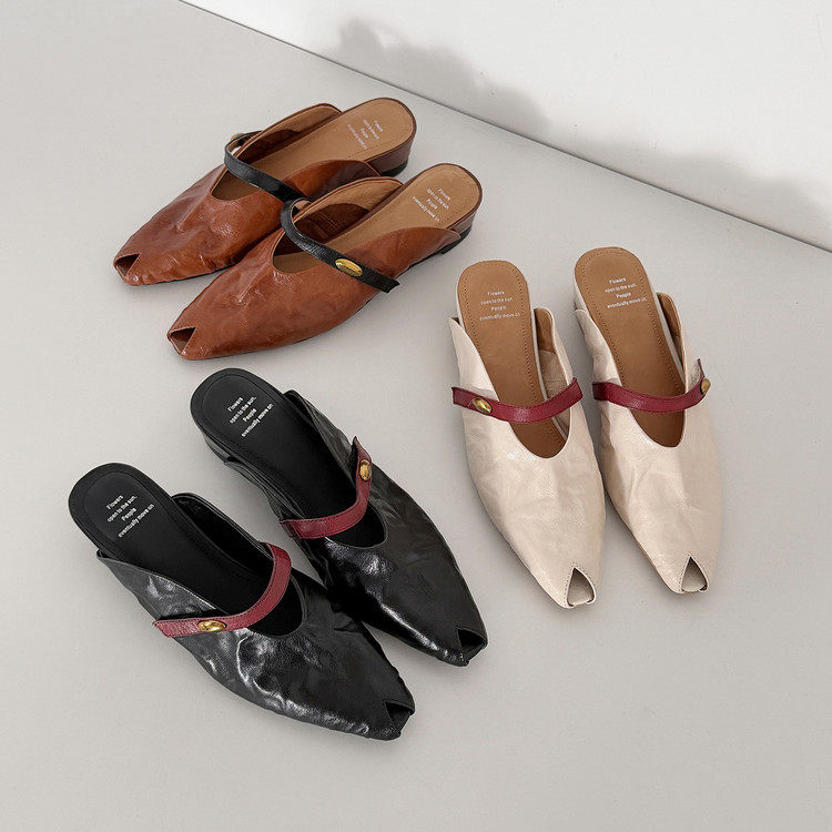 复古风鱼嘴包头半拖凉鞋里外全真皮春夏季新款内增高女鞋一脚蹬