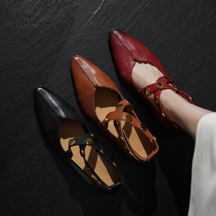 高级感水洗马皮巨舒适好穿显瘦真皮女鞋复古风尖头铆钉浅口单鞋