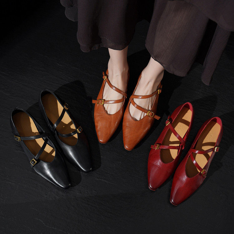意大利水洗马皮女高级感复古单鞋方头低跟一字式扣带真皮玛丽珍鞋