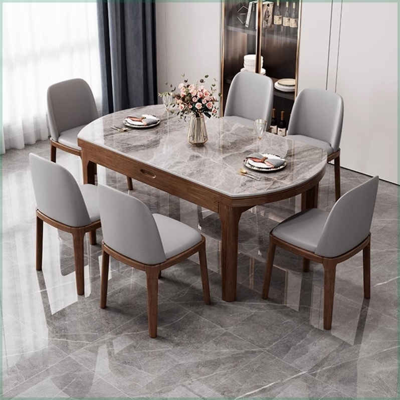 北欧实木岩板餐桌方圆两用现代简约家用伸缩饭桌小户型餐桌椅组合