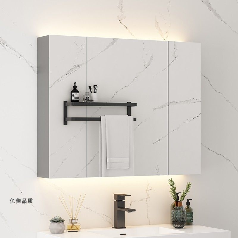 定制不锈钢浴室镜柜带灯卫生间挂墙式镜面柜单独镜箱带置物架镜子