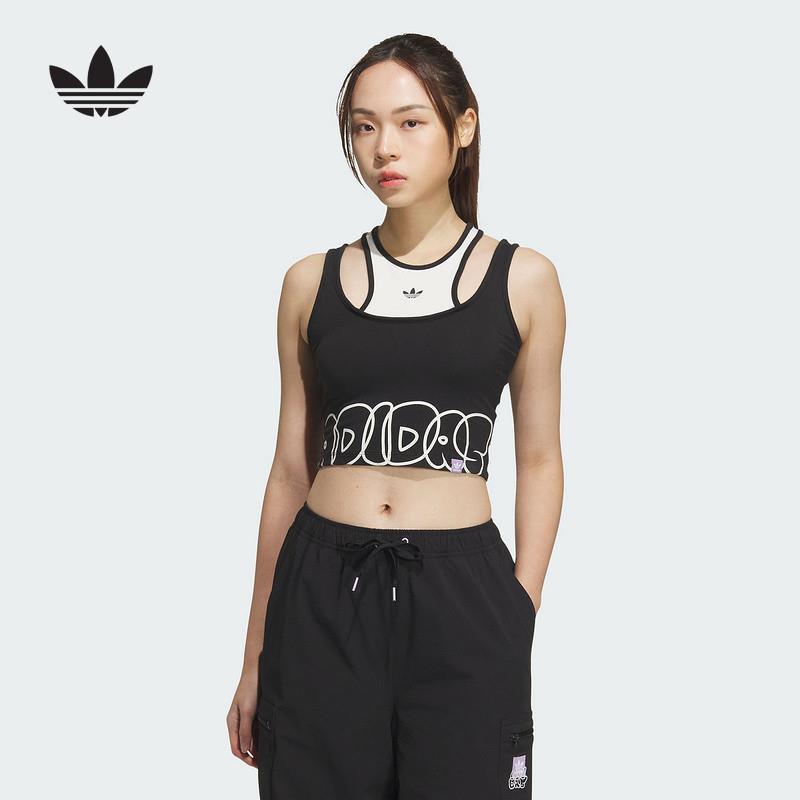 adidas阿迪达斯三叶草2025夏女运动假两件双层工字吊带背心JN1676
