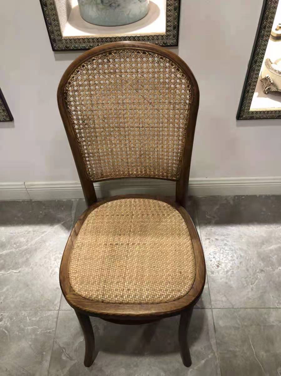 北欧实木餐椅美式复古简约靠背椅单人休闲椅中古椅子家用藤编椅