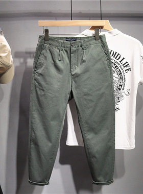毒类 小众灰绿色休闲裤男韩版百搭纯色轻商务男裤弹力小直筒9分裤