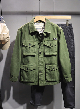 毒类 美式硬汉风工装军绿色外套男士潮牌夹克日系宽松cec牛仔上衣