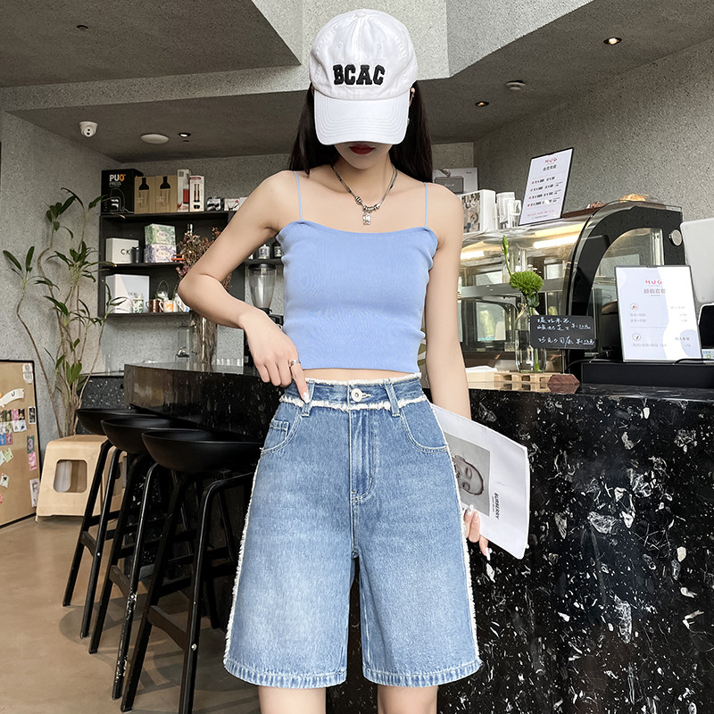 毛边五分牛仔短裤女2023年夏季薄款侧边条纹撞色高腰宽松阔腿中裤