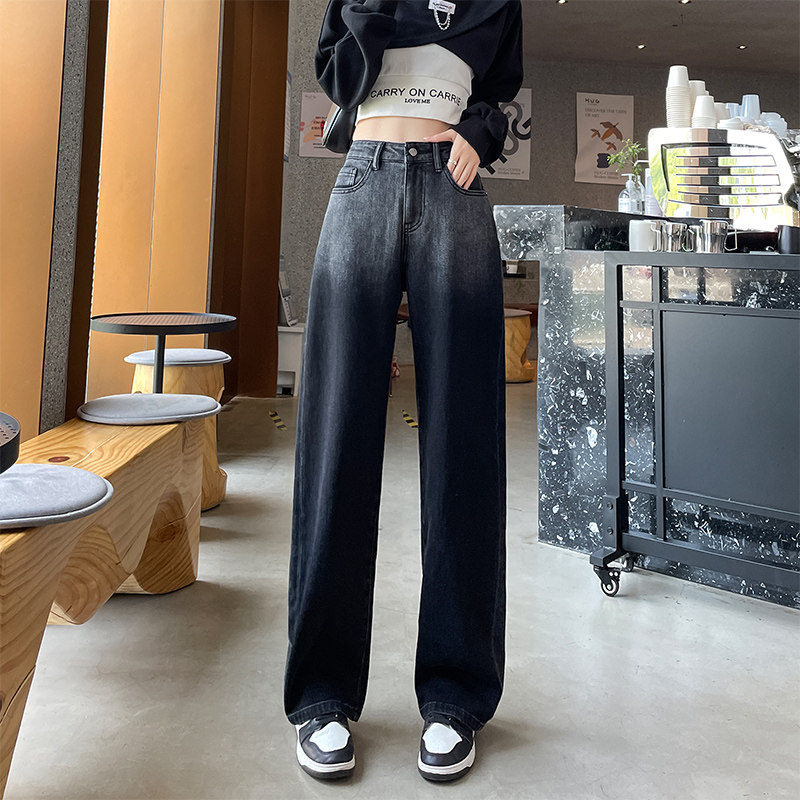 渐变黑色阔腿牛仔裤女秋冬新款高腰垂感显瘦软软微弹宽松直筒长裤