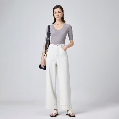 加绒白色奶奶裤女九分阔腿牛仔裤