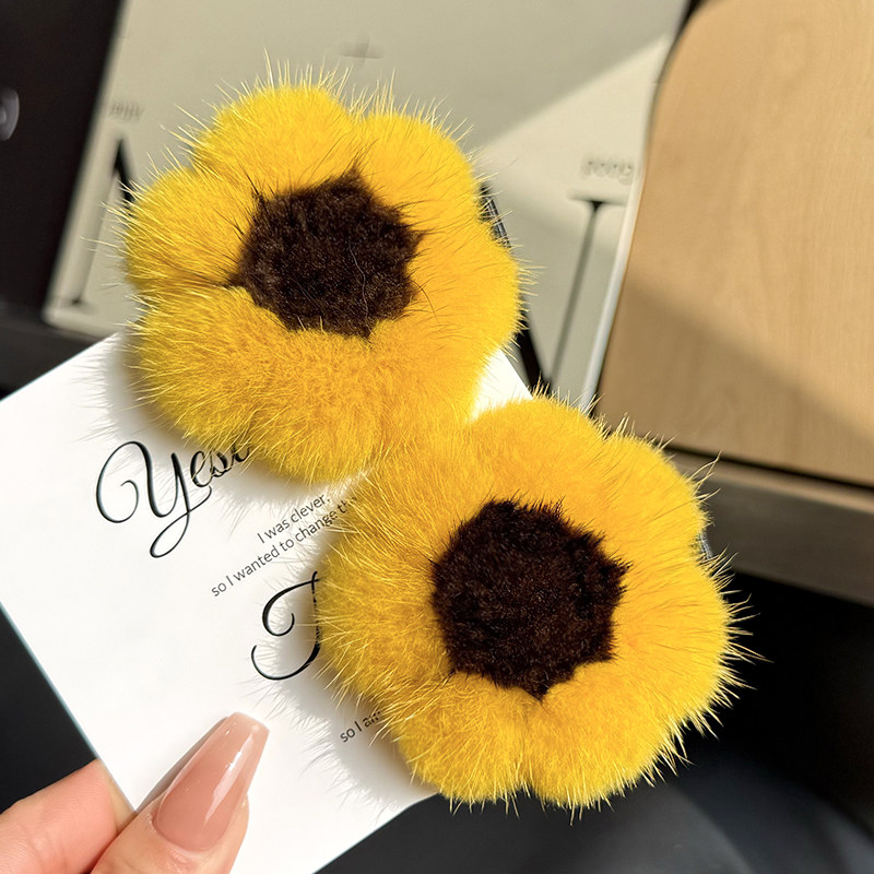 真水貂毛向日葵花朵发夹头绳发饰