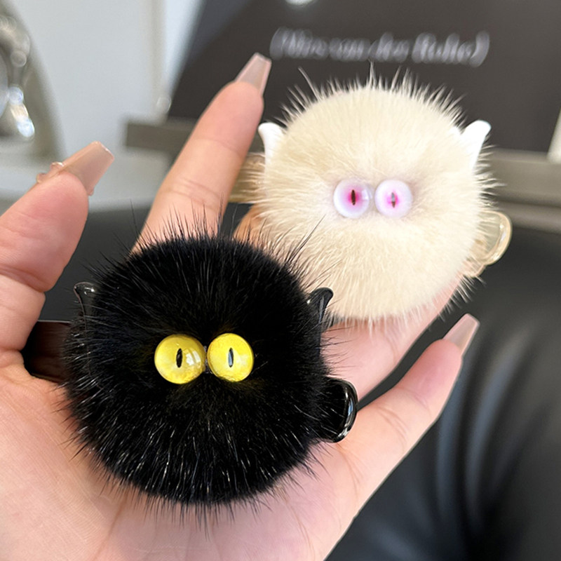 真水貂毛可爱小煤球发夹发圈毛绒搞怪小恶魔精灵发饰个性创意发卡