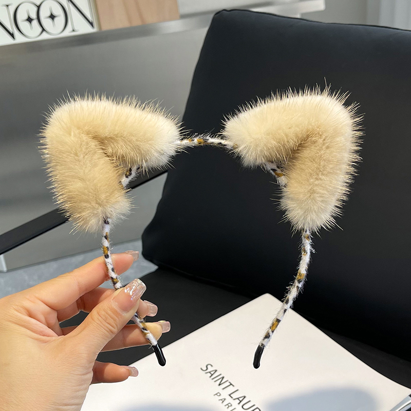 创设计洗脸发箍水貂毛猫耳朵发饰