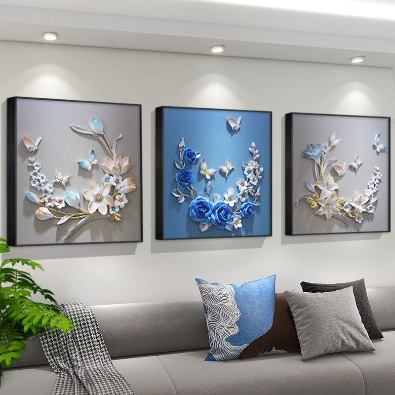 轻奢高级感沙发背景墙装饰画客厅3D立体挂画高档浮雕壁画花开富贵图片