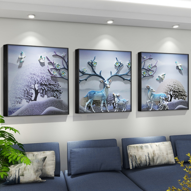轻奢高级感客厅沙发背景墙装饰画立体浮雕壁画大气艺术画灵鹿送福图片