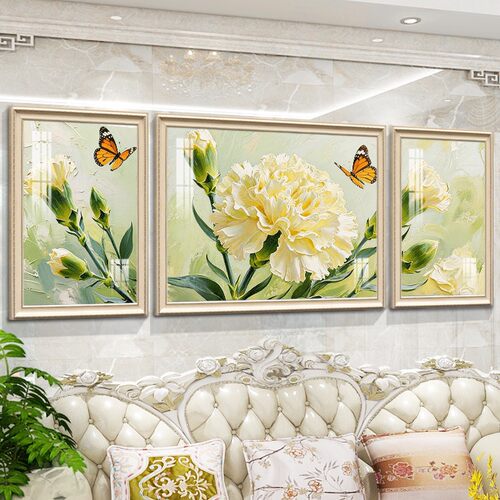法式奶油风肌理花卉客厅三联壁画