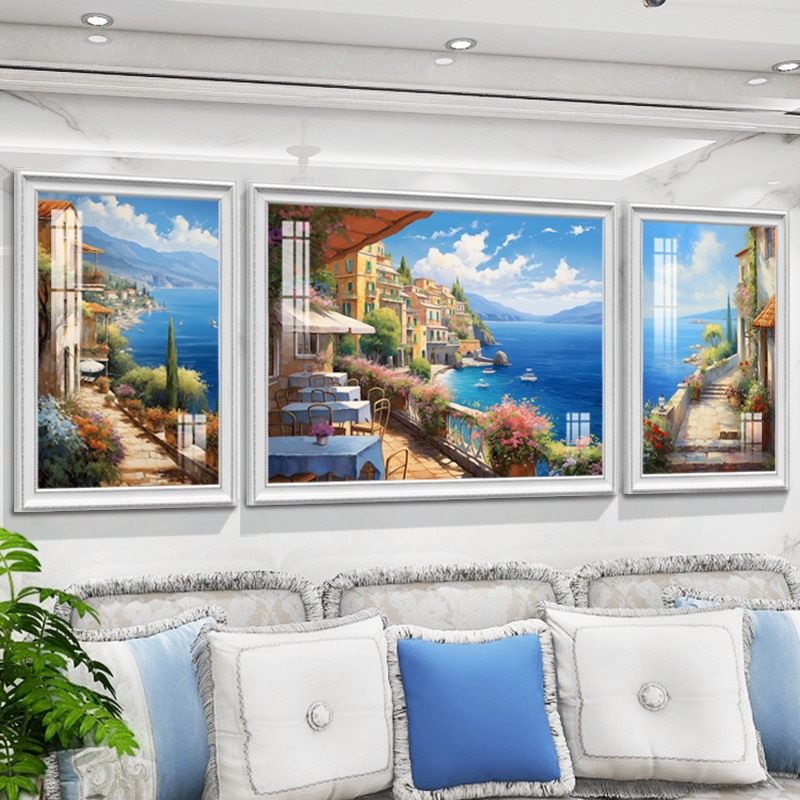 客厅三联风景壁画美式地中海壁画