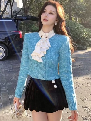 韩系高端天蓝色蝴蝶结领毛衣女秋冬新款设计感针织衫显白上衣1791