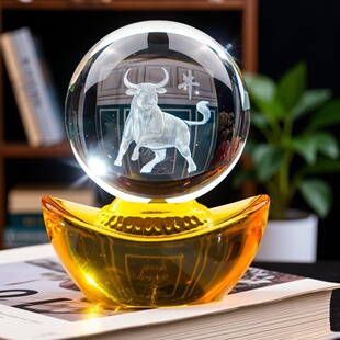 水晶球牛气冲天生肖吉祥物金元宝创意礼品摆件生日礼物桌面小摆件