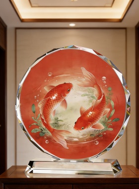 精工双锦鲤摆件居家桌面装饰新婚乔迁贺礼龙凤意象中式吉祥工艺品