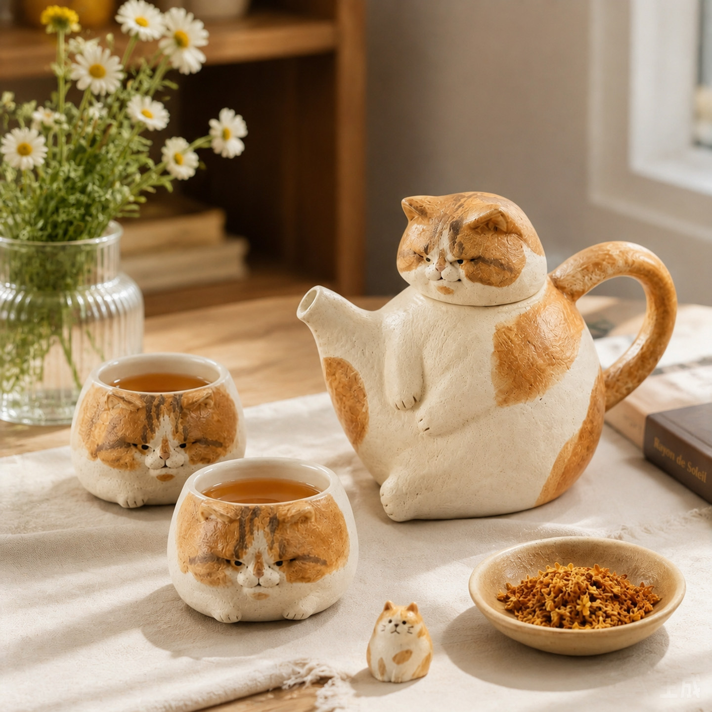 可爱粗陶猫咪带盖茶壶马克杯